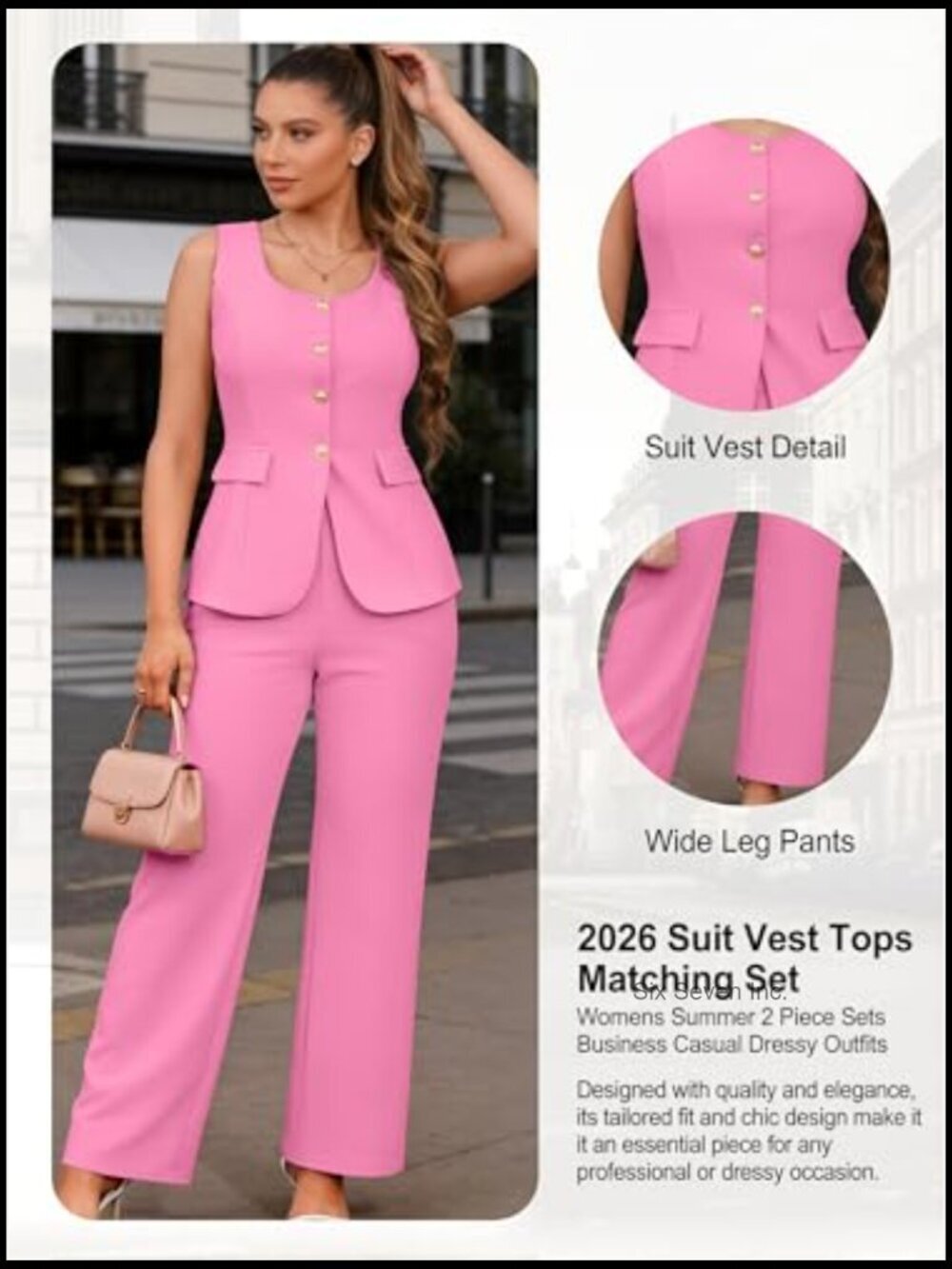 Sleeveless Blazer & Wide Leg Pants Suit Set 2 Piece Work Outfit - Picture 5 of 7